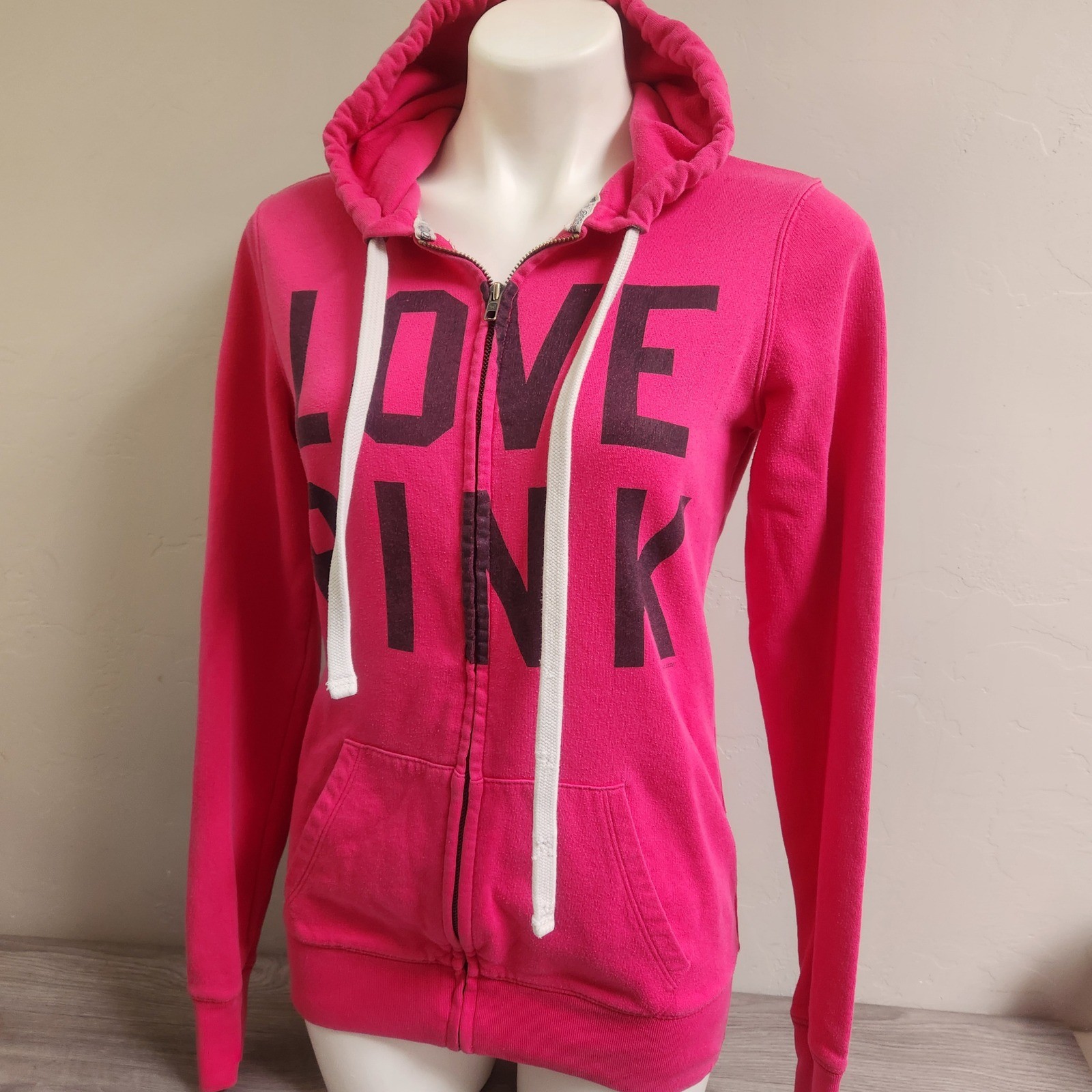 Vintage Victoria’s Secret PINK Hoodie Size XS Pink Full Zip Love Pink 86 Graphic