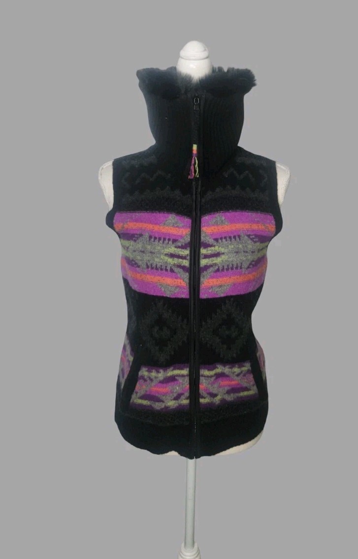 Vintage Ralph Lauren Active Medium Southwest Fair Isle Lambswool Faux Fur Vest