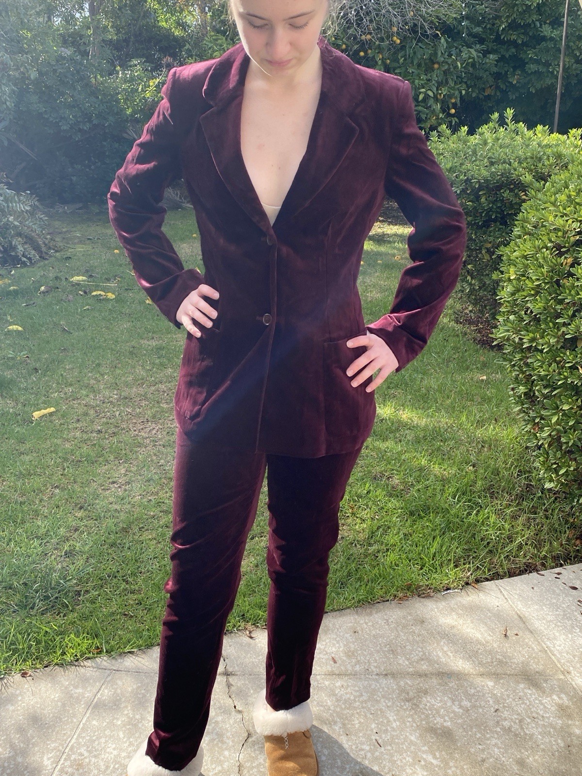 Vintage Laura Ashley Sz 4 Velvet Pantsuit Cotton Blend UK Burgandy