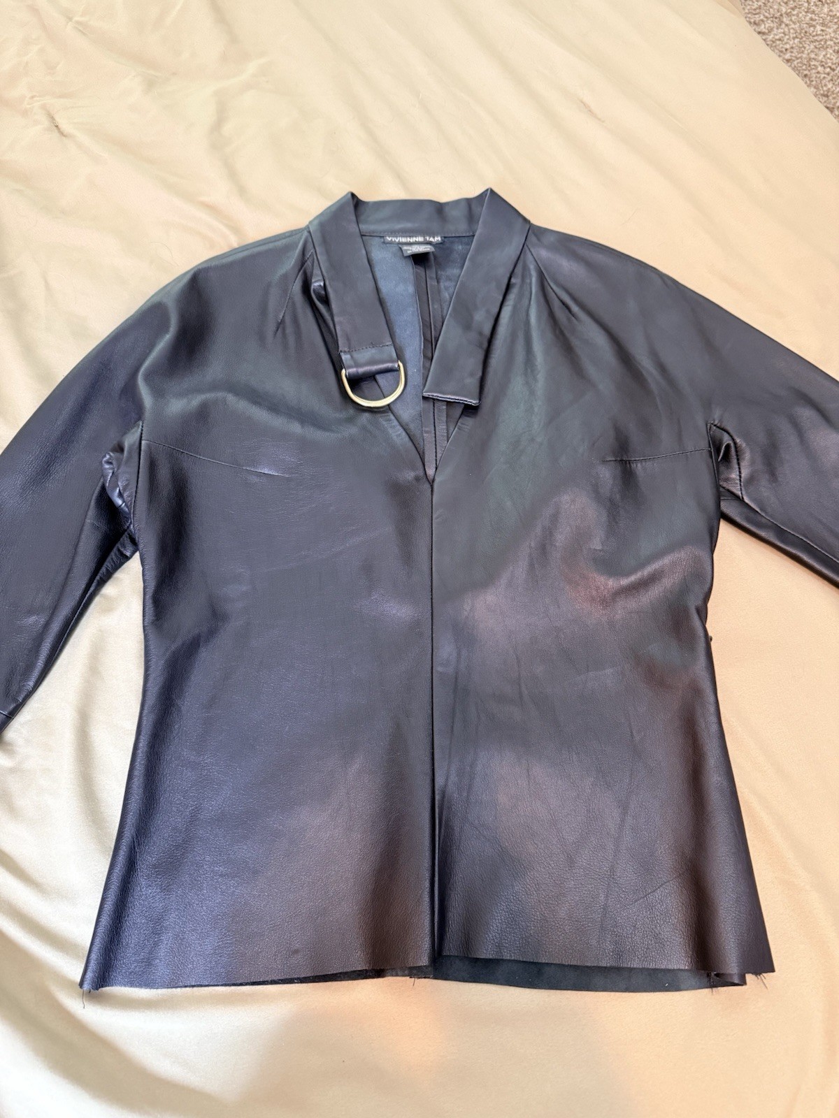 Vivienne Tam Black 100% Leather Jacket Top Minimalist Asymmetrical Ring Detail