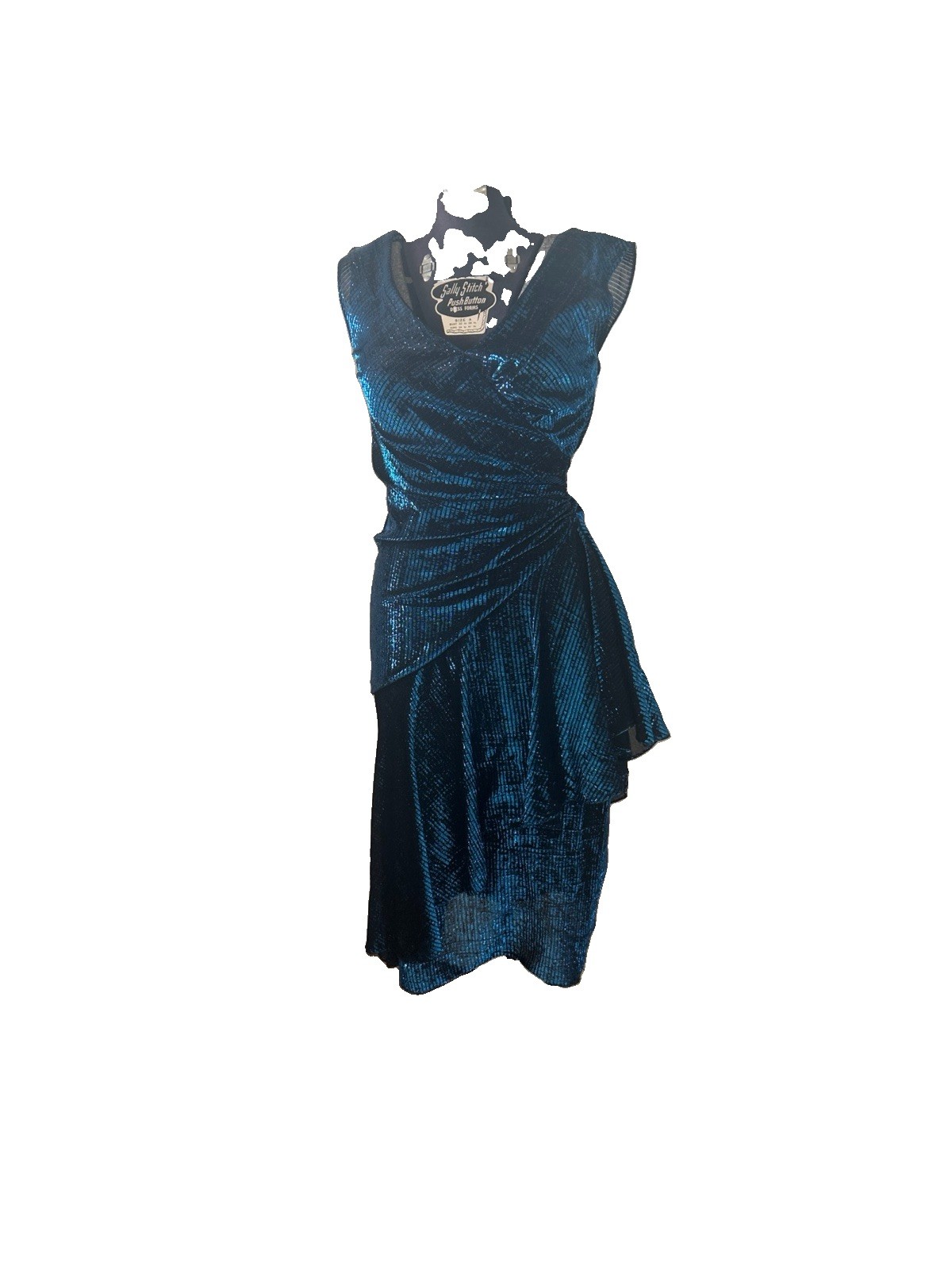 Vintage 1980’s New Leaf Blue Metallic Lame Fabric Asymmetrical Dress Size 5/6