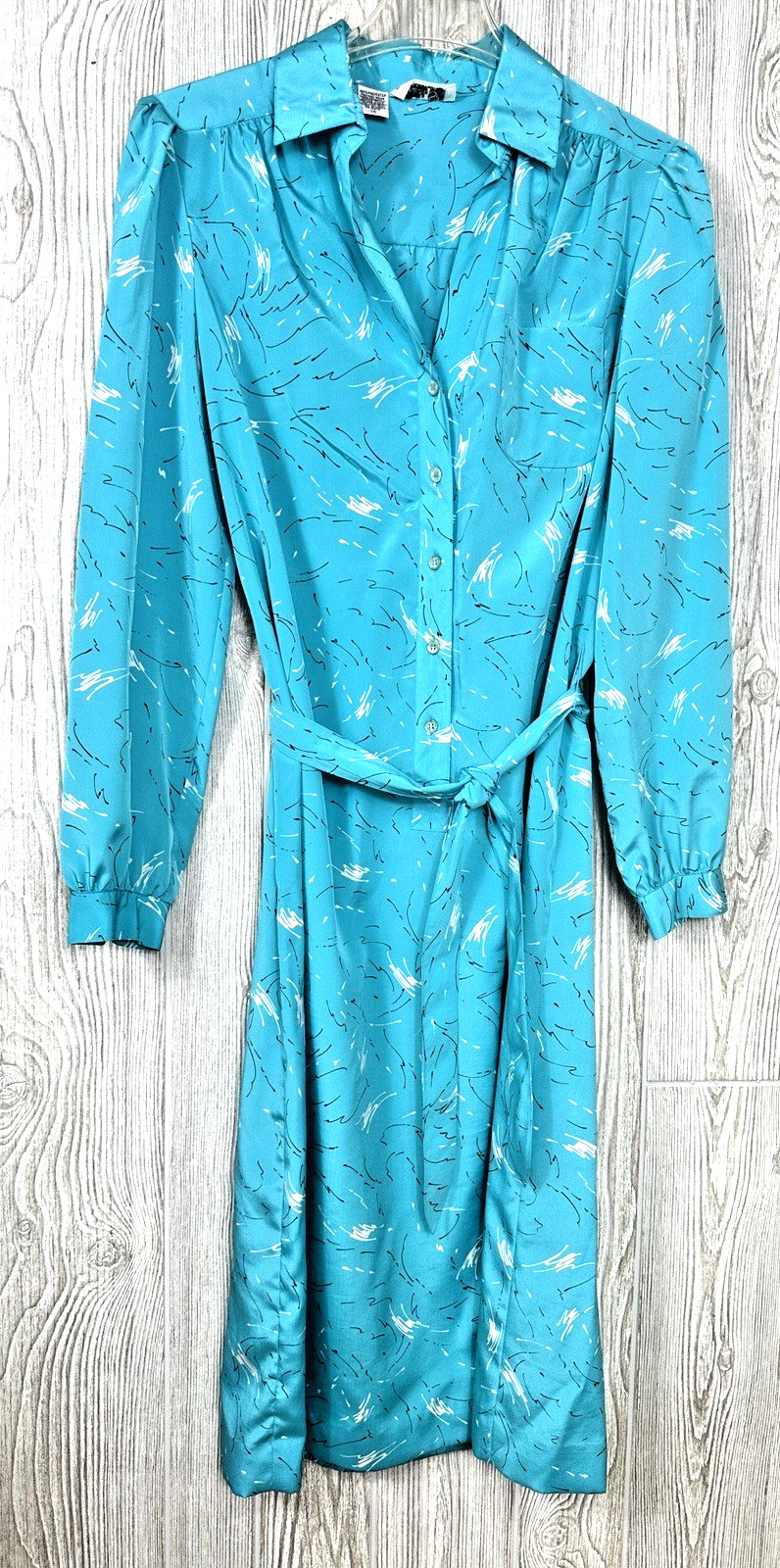 VTG 70s Schrader Sport New York Geometric Teal Long Sleeve Shirt Dress Size 14