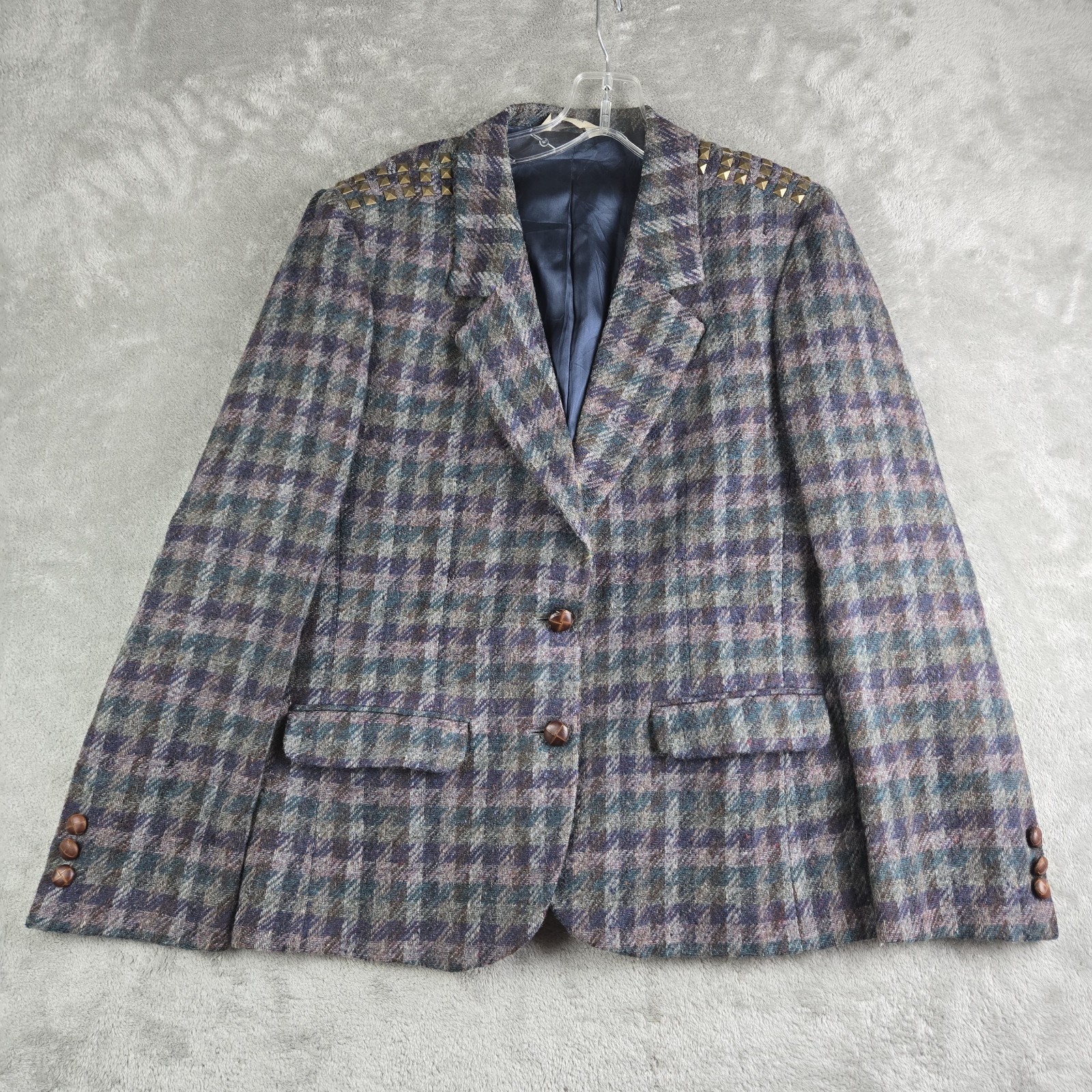 Vintage Laura Caspari Jacket Women Gray Purple Green Houndstooth 100% Welsh Wool