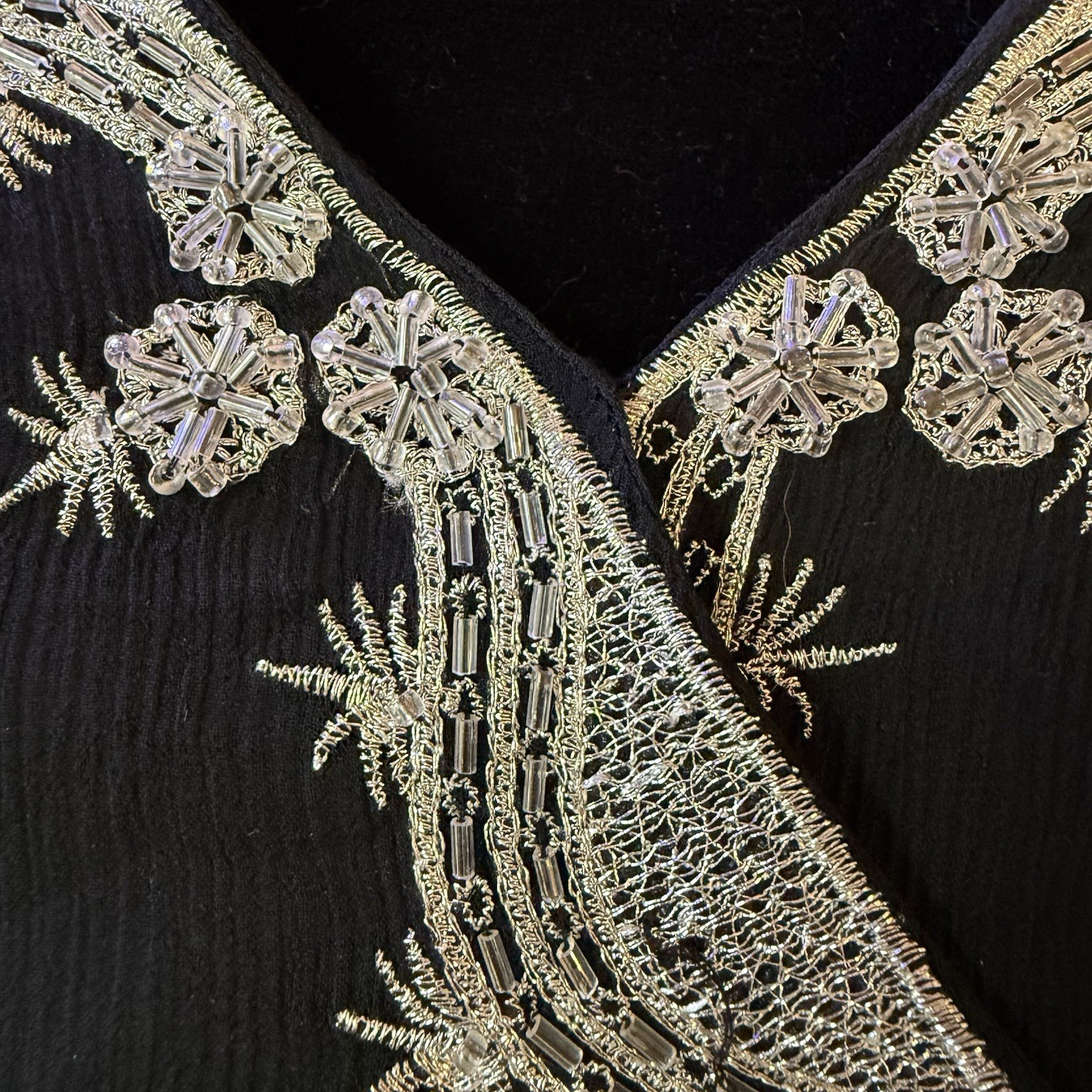 Vintage Y2K Silkland Flutter Sleeve Beaded Embroidered 100% Silk Top Size M