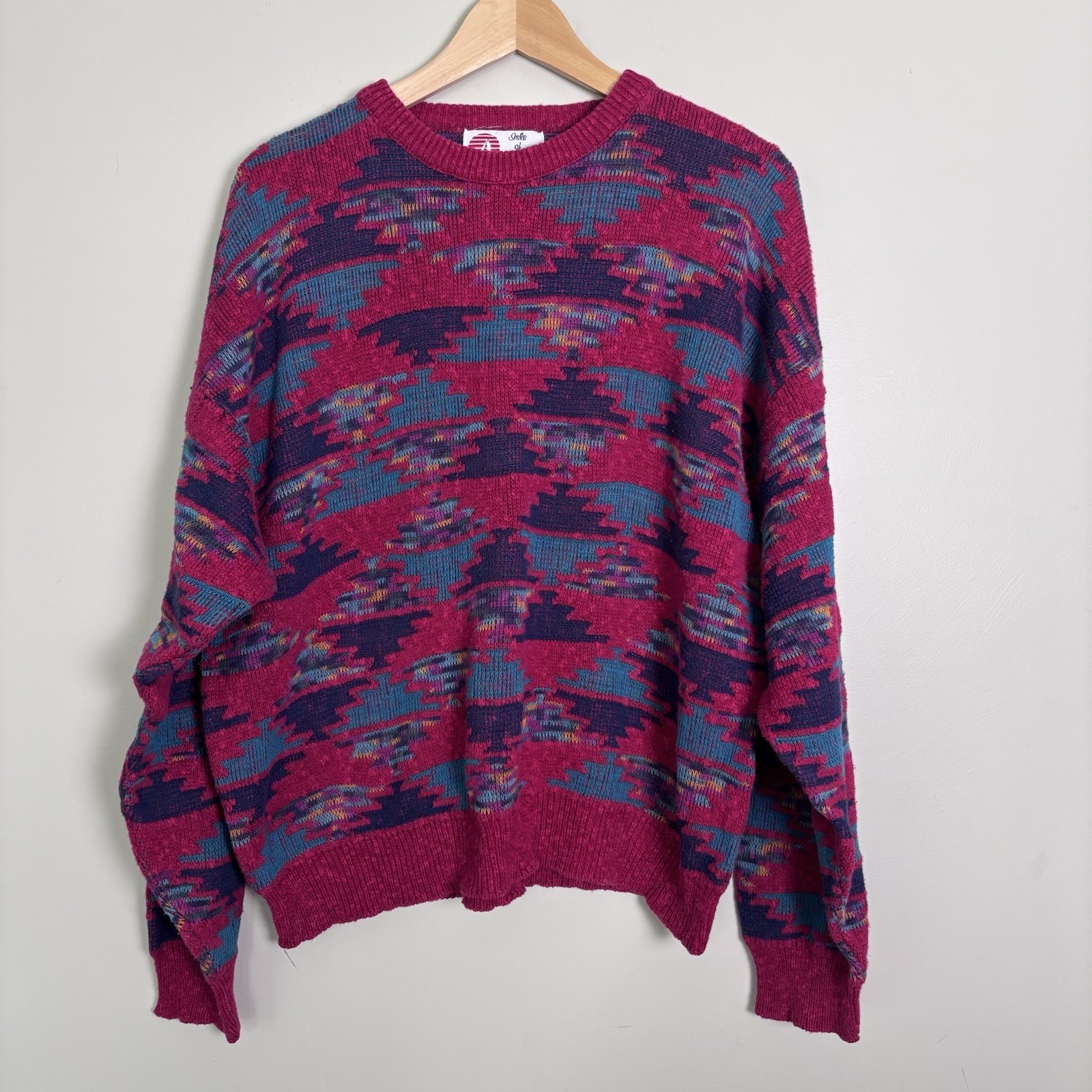 VTG 80s 90s Isle of Cotton Southwest Style Crewneck Sweater-Women’s XL-Hot Pink