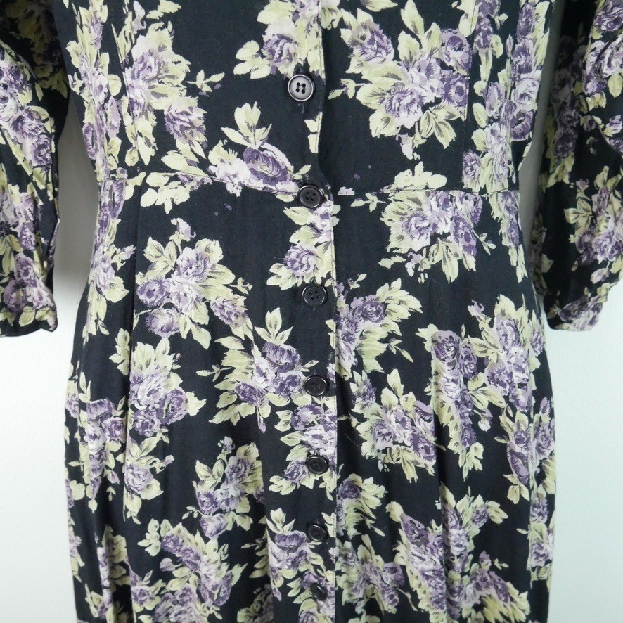 Vintage 90s Floral Midi Dress XS S Button Front Moody Floral Grunge Cottagecore