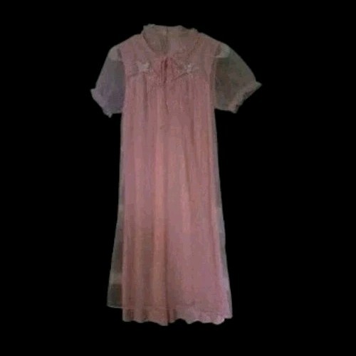 Vintage 60s Pink Chiffon Embroidered Nightgown Lingerie Dress Sz Small