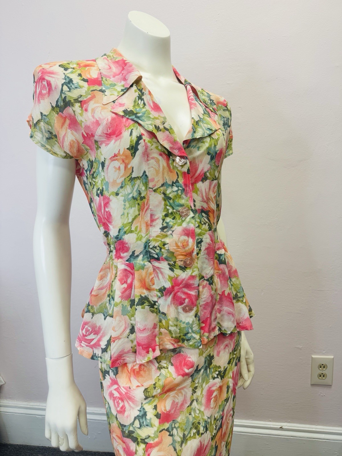 VTG Multicolor floral peplum Skirt & Top Set Nanny wedding designer alexander M