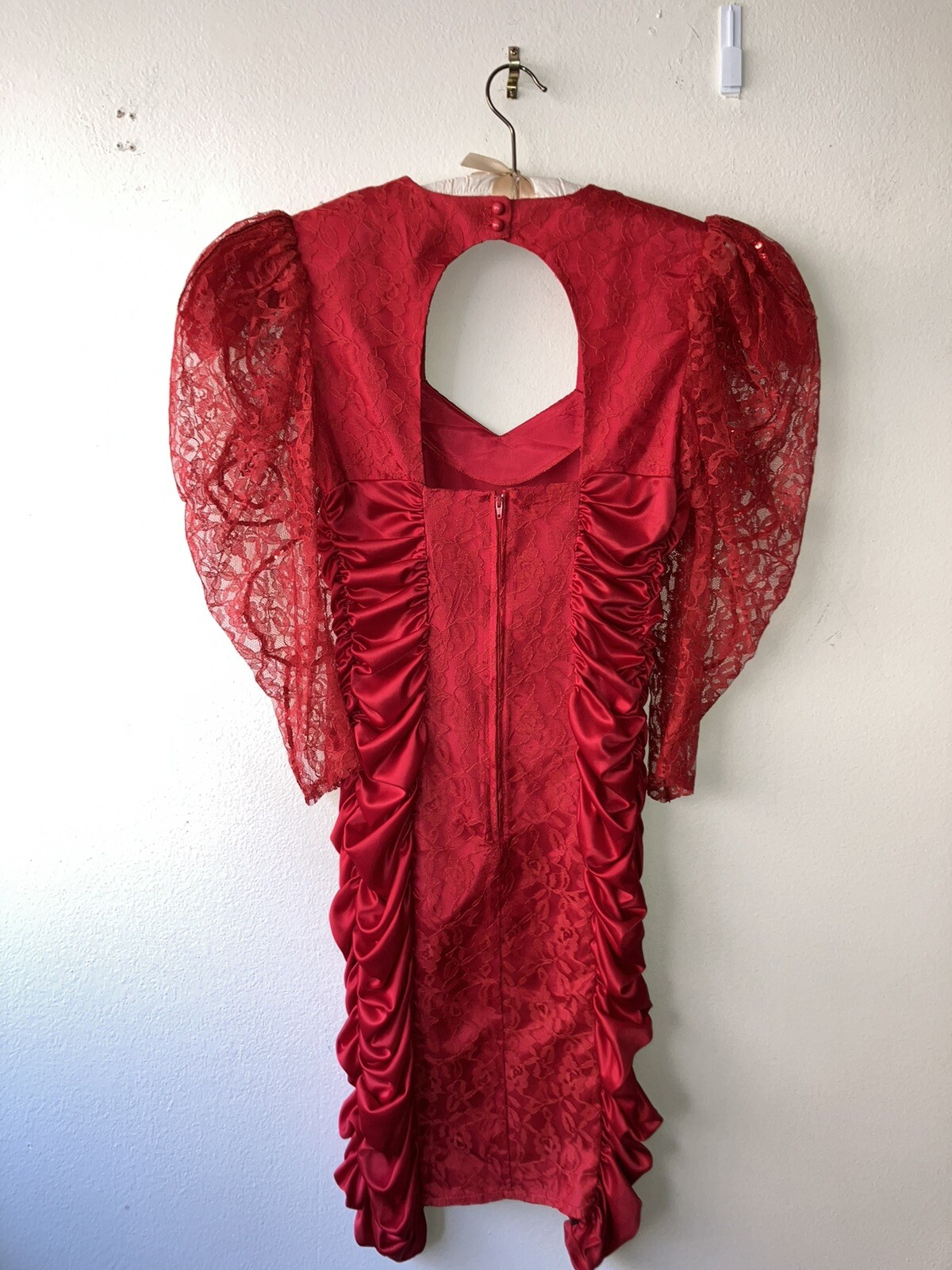 Vintage ’80s Mayvens Bright Red Prom Party Lace Sleeves Satin Ruching XS