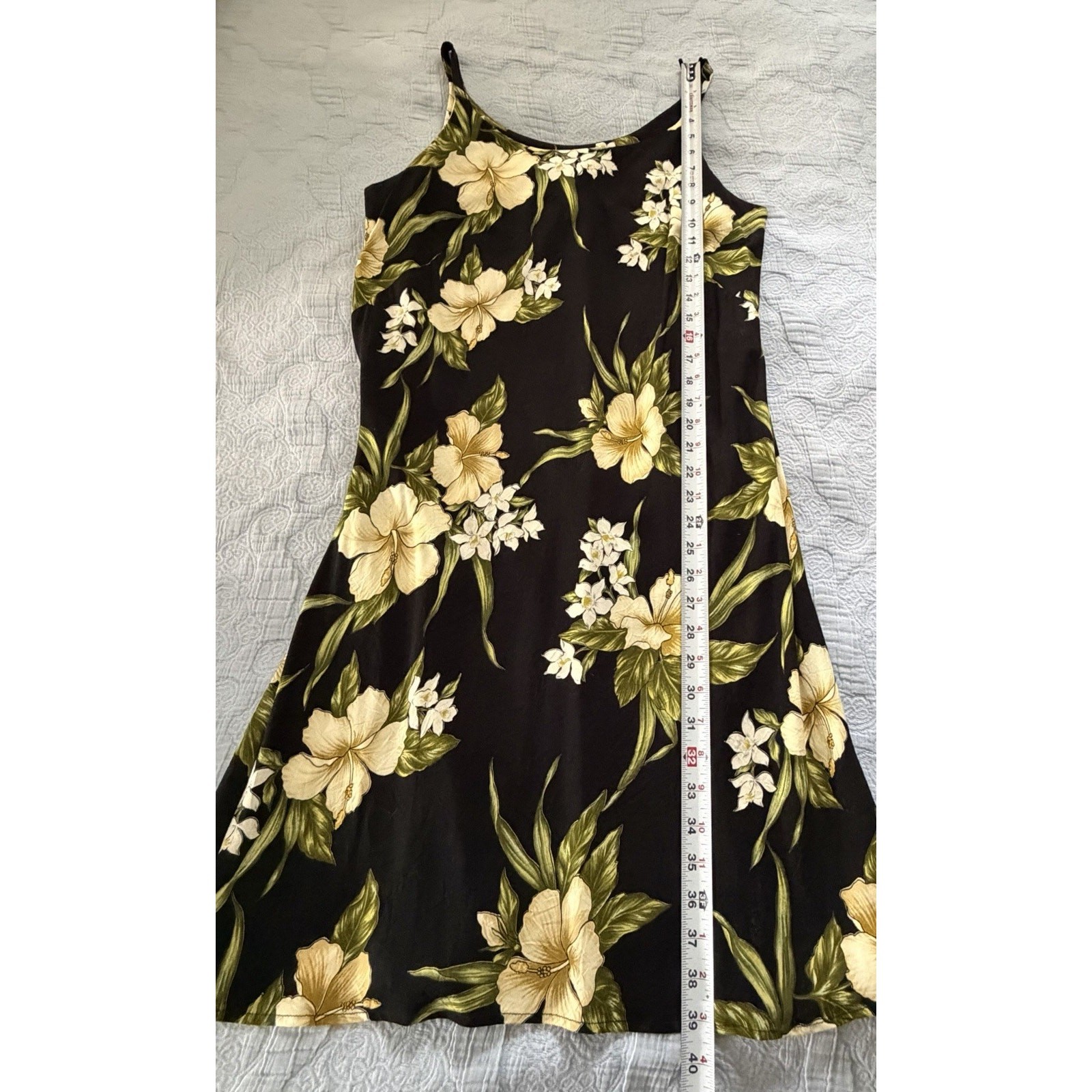 Iolani Hawaii Vintage 80s 90s Cream Black Yellow Floral Hibiscus Print Dress M