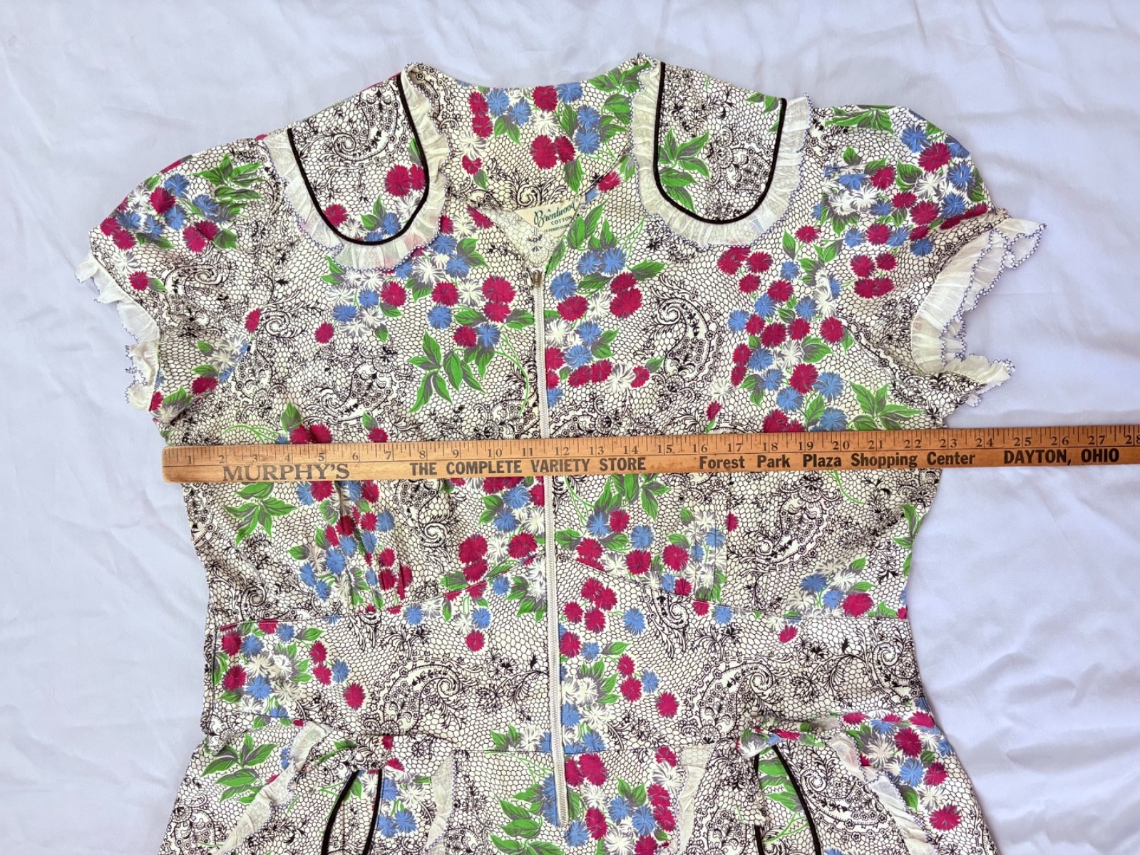 Vintage 40s 50s Zipper Day Dress Volup Novelty Cotton Pouf Sleeve Ruffle XL 2XL
