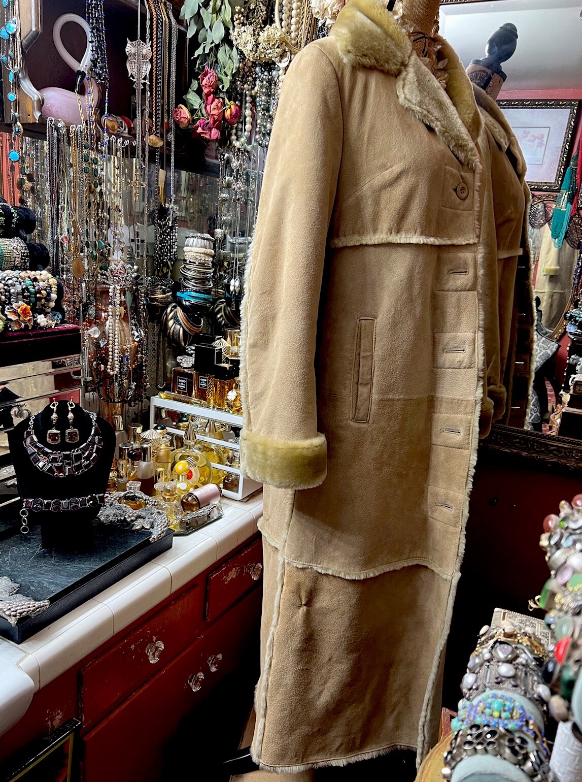 Beautiful Charles Klein Vintage Beige Genuine Suede Leather Fur Long Coat Sz S/M