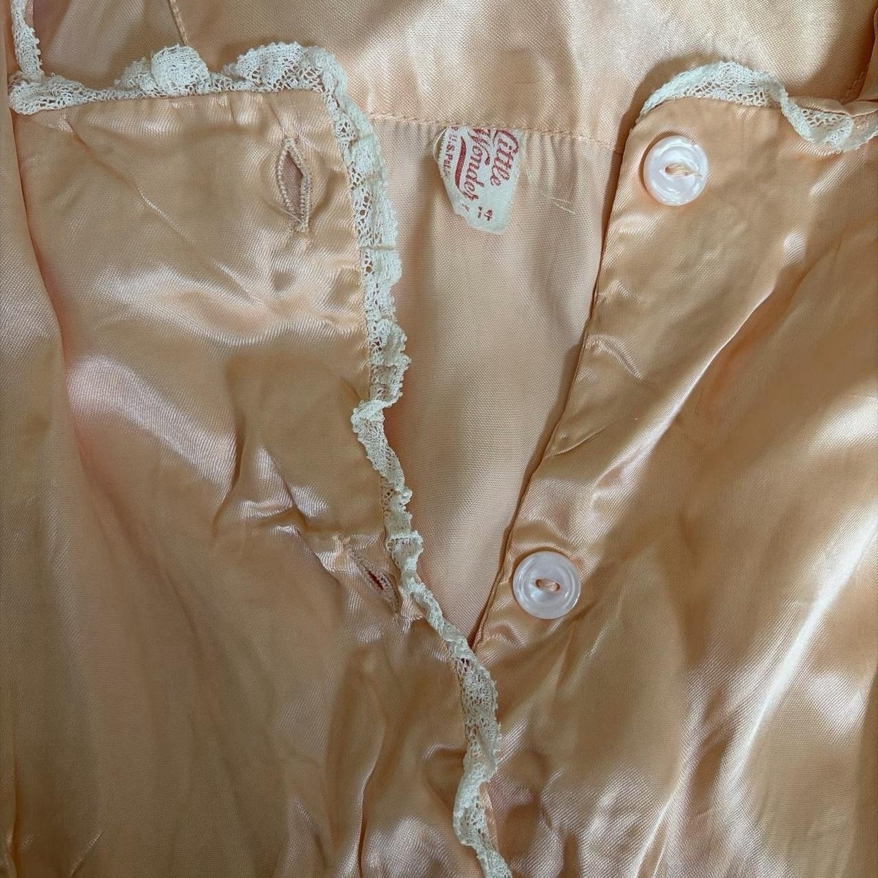 Antique 40s Peach Satin Lace Trim Short Sleeve Button-Front Nightgown
