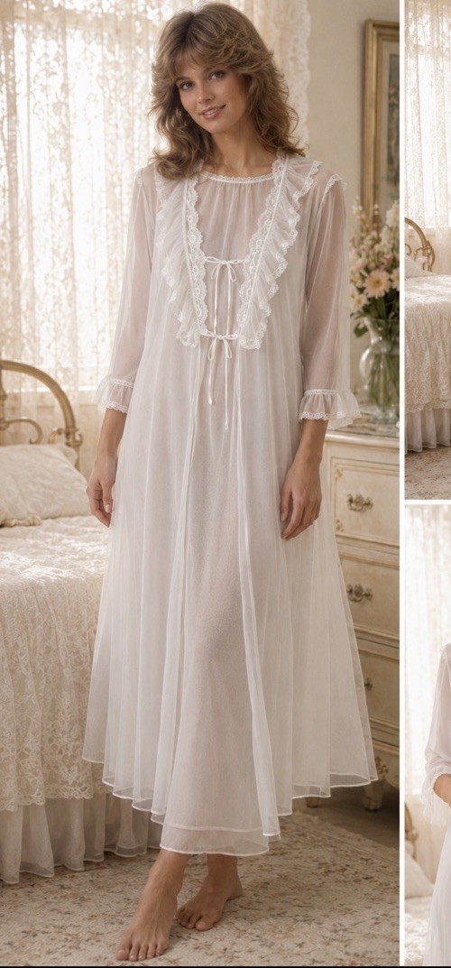 VTG Lorraine White Sheer Nylon Lace Collar Ruffle Sz S Peignoir Bridal Tie Front