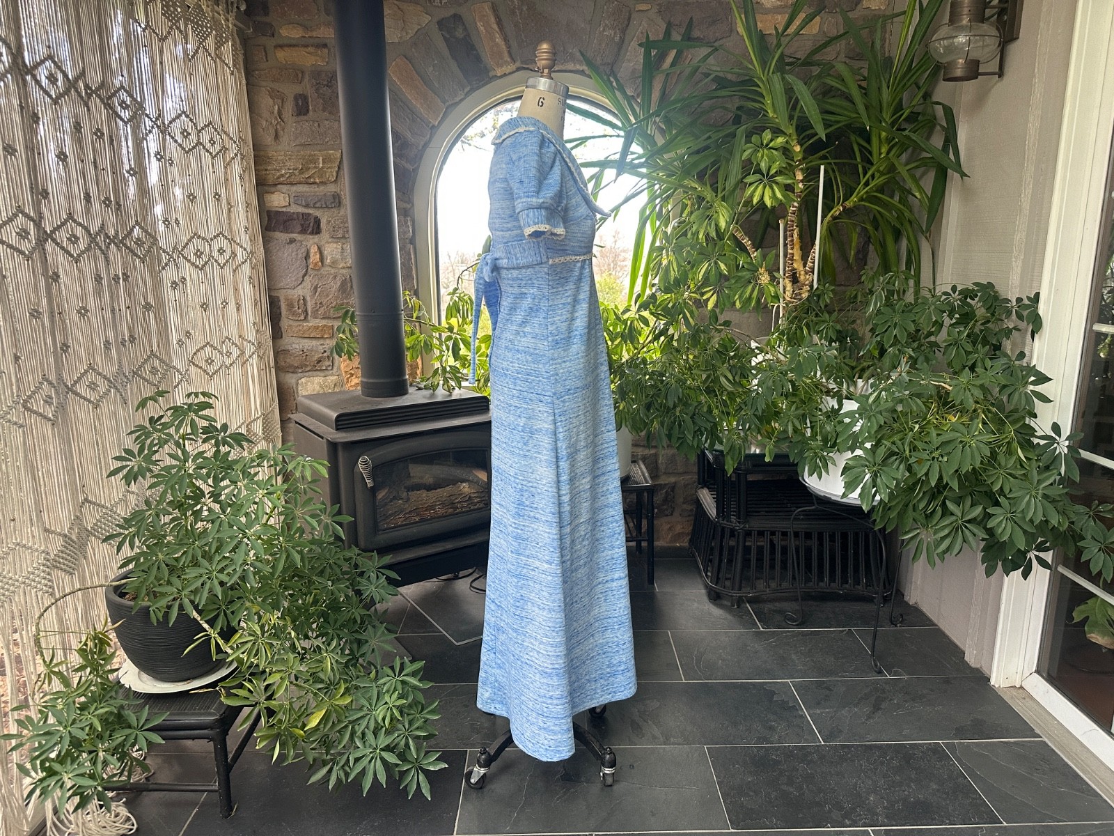 Vintage 1970s Blue and White Variegated Knit and Lace Baby Doll Maxi Dress