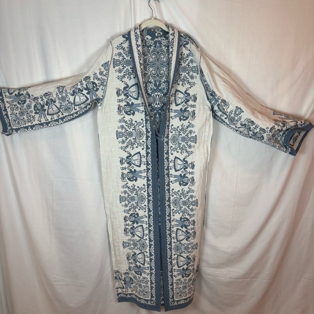 Vintage Reversible Long Cotton Jacket Created With Woven Folk Imagery