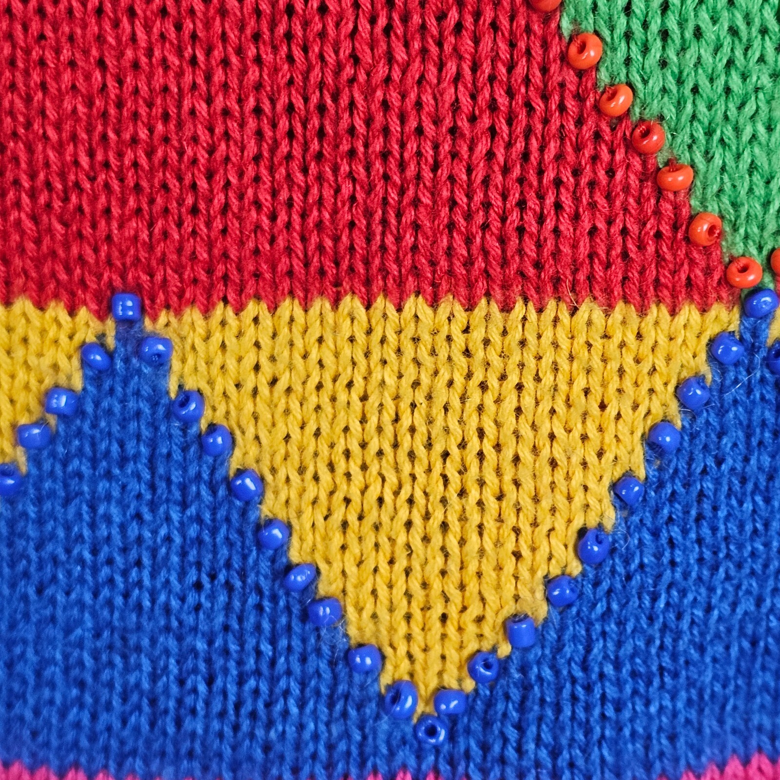 Vintage 80s Womens Sweater Large Red Hip Hop Colorblock Beaded Geometric Cotton