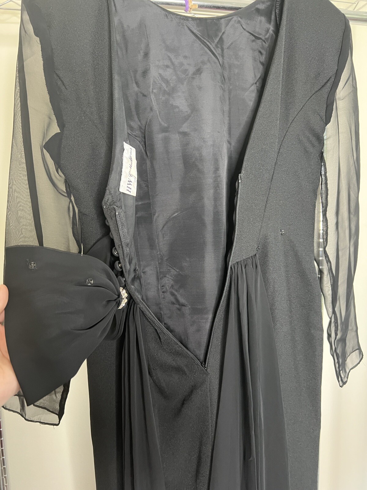 Vintage HW Collections Sz 10 Black Formal Sheath Dress Sheer Sleeves Big Bow 90s