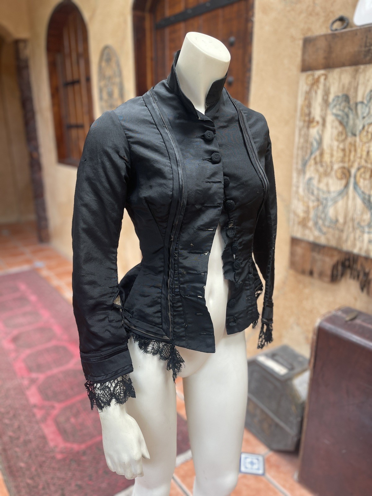 Antique 1880s Victorian Black Silk Bodice XXS AS IS