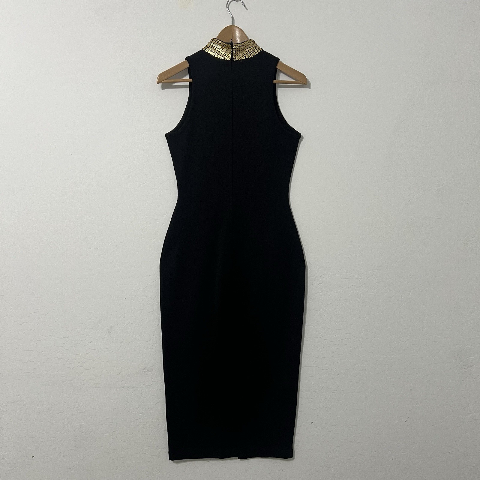 Vintage 80’s Casual Corner Gold Sequin Leaf Dress | Grecian Choker Wiggle Midi