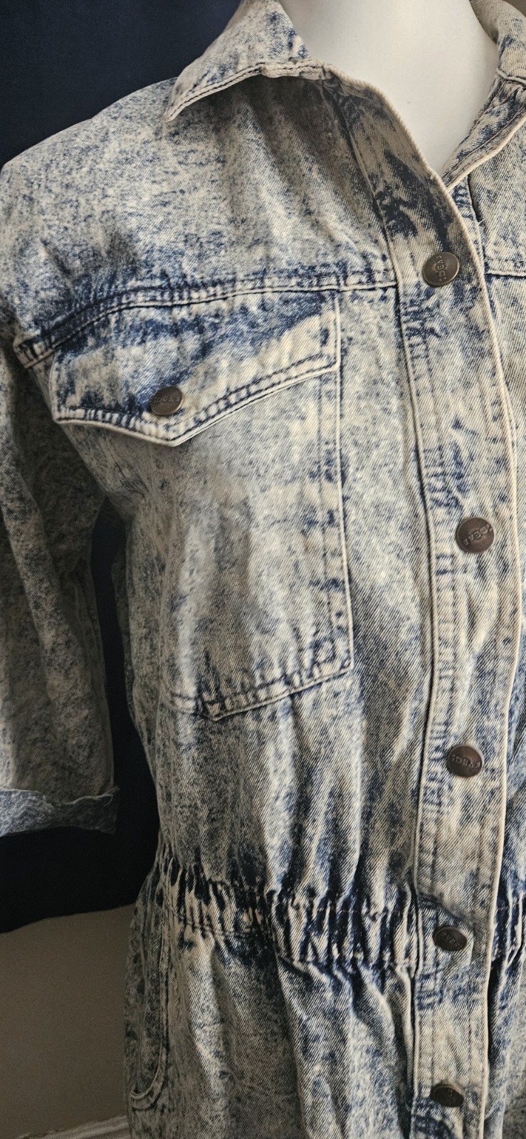 Vintage IDEAS Acid Wash Denim Shirt Dress Size L Button Front 80s 90s Grunge