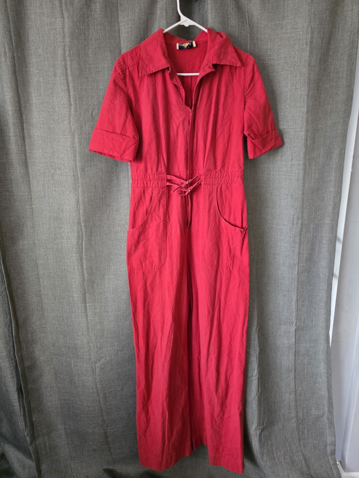 Vtg 80s Jazzie Red Utility Style Short Sleeve Jumpsuit Size 12 Red Wide Leg