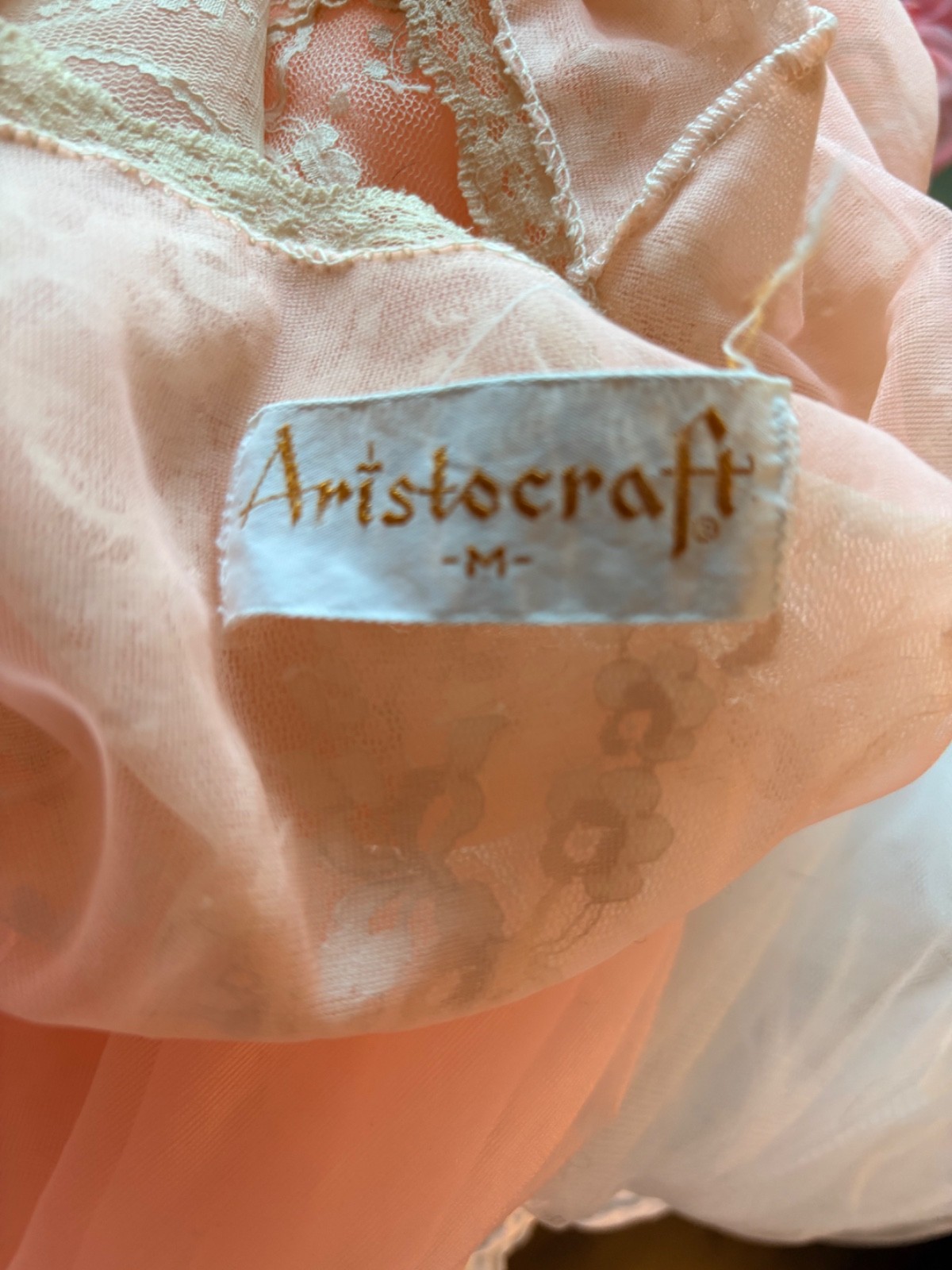 VTG 60s Aristocraft Pink Peignoir Set Sheer Chiffon Lace Nightgown Robe Small