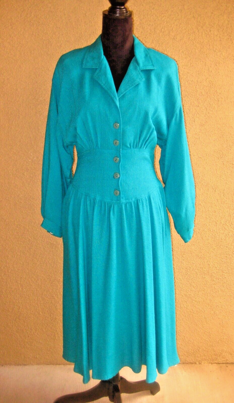 Vintage Secrets 80s rayon/flax kelly green fit/flare button front midi dress 6