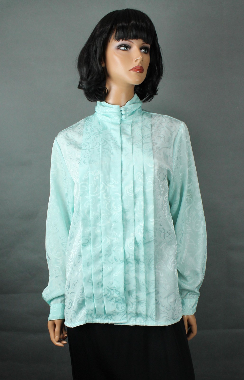 Turtleneck Blouse Sz 10 M Vintage Aqua Blue Pastel Shiny Brocade Dress Shirt