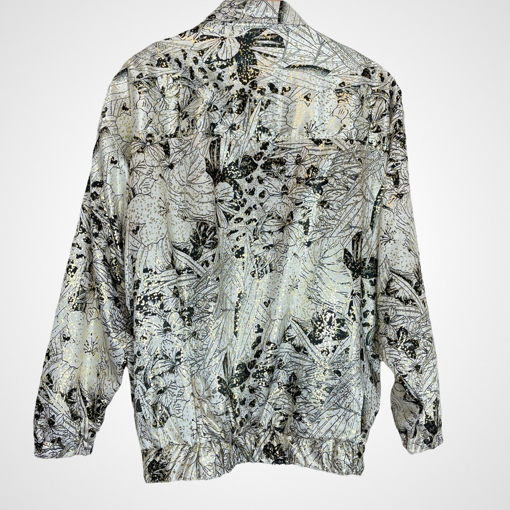 Vintage 80s Jacket Metallic Floral White Gold Black Windbreaker Sparkly Eclectic