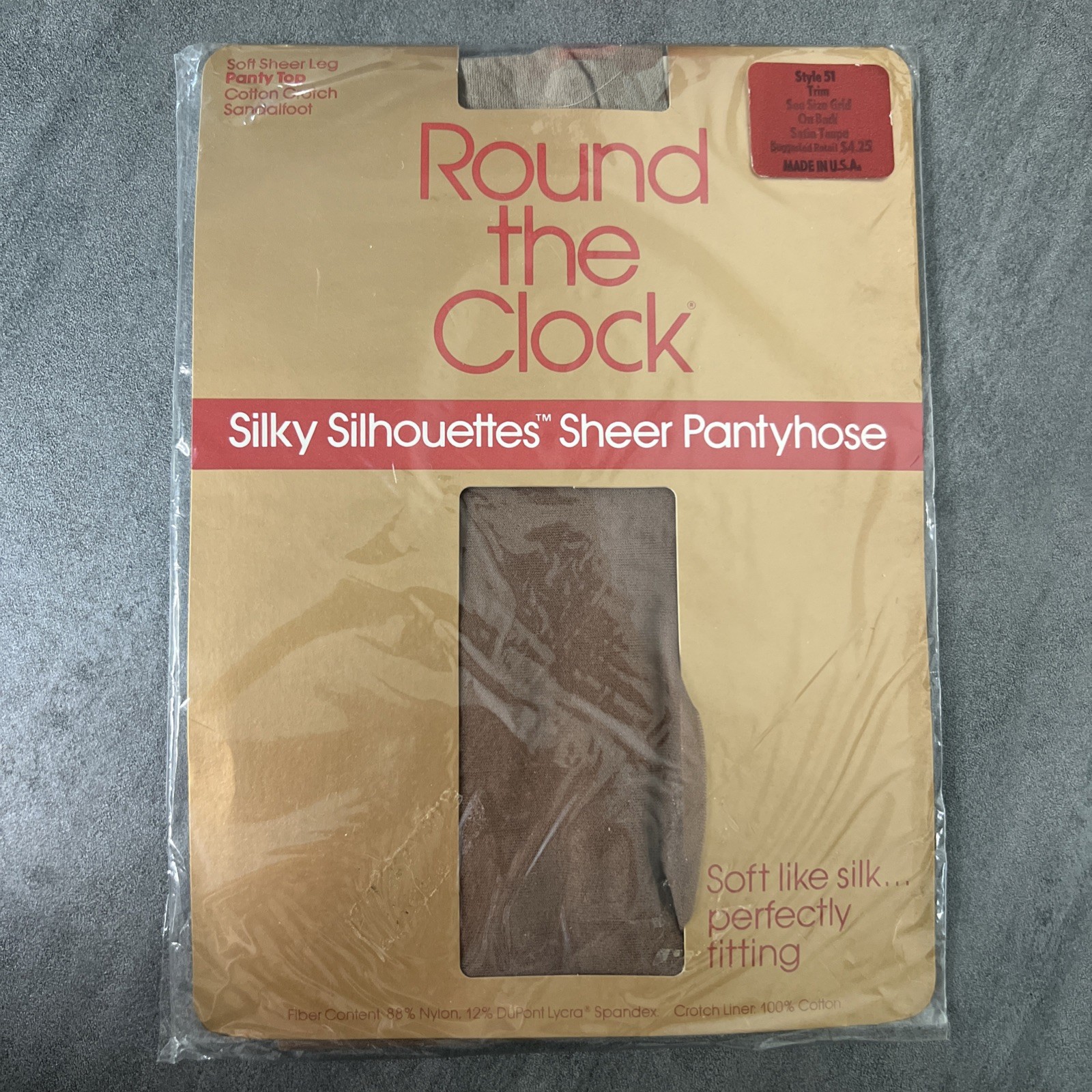 VTG 1985 Round The Clock Sheer Pantyhose Satin Taupe Style 51 – Size B – Trim