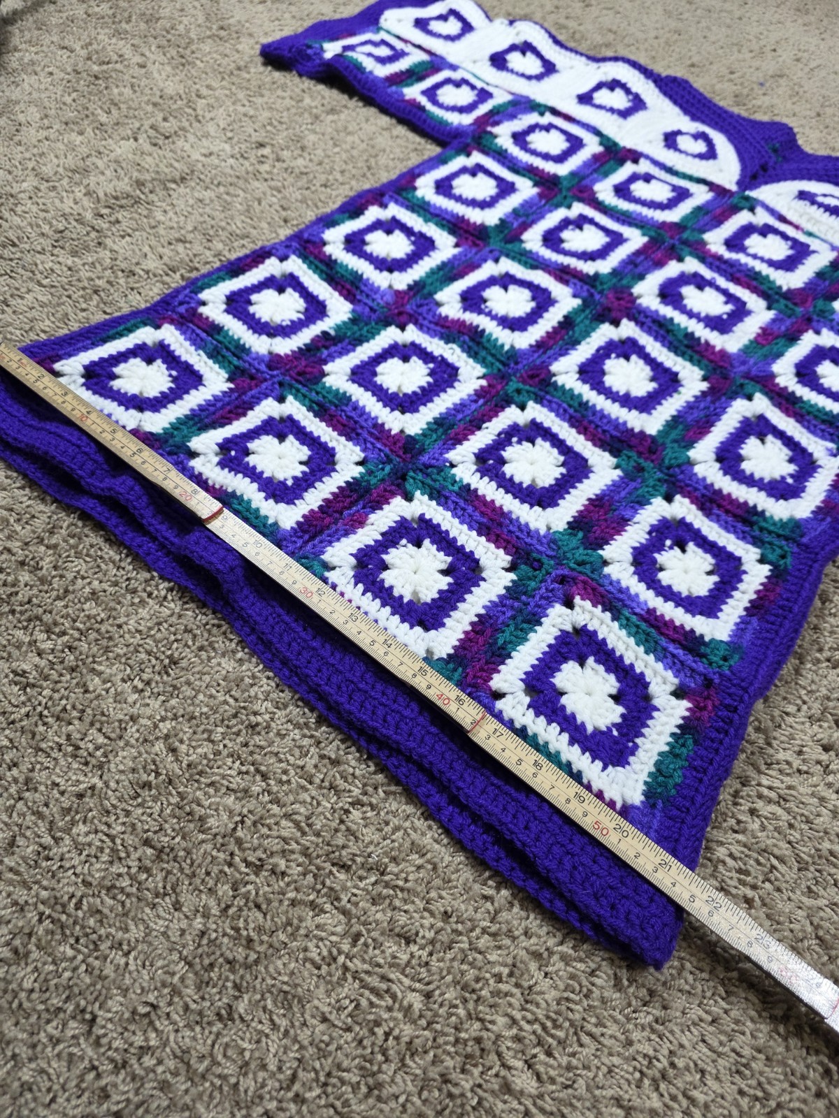 VTG. Handknit Dress Long Tunic Handmade Purple White Green Boho Hippie Size S