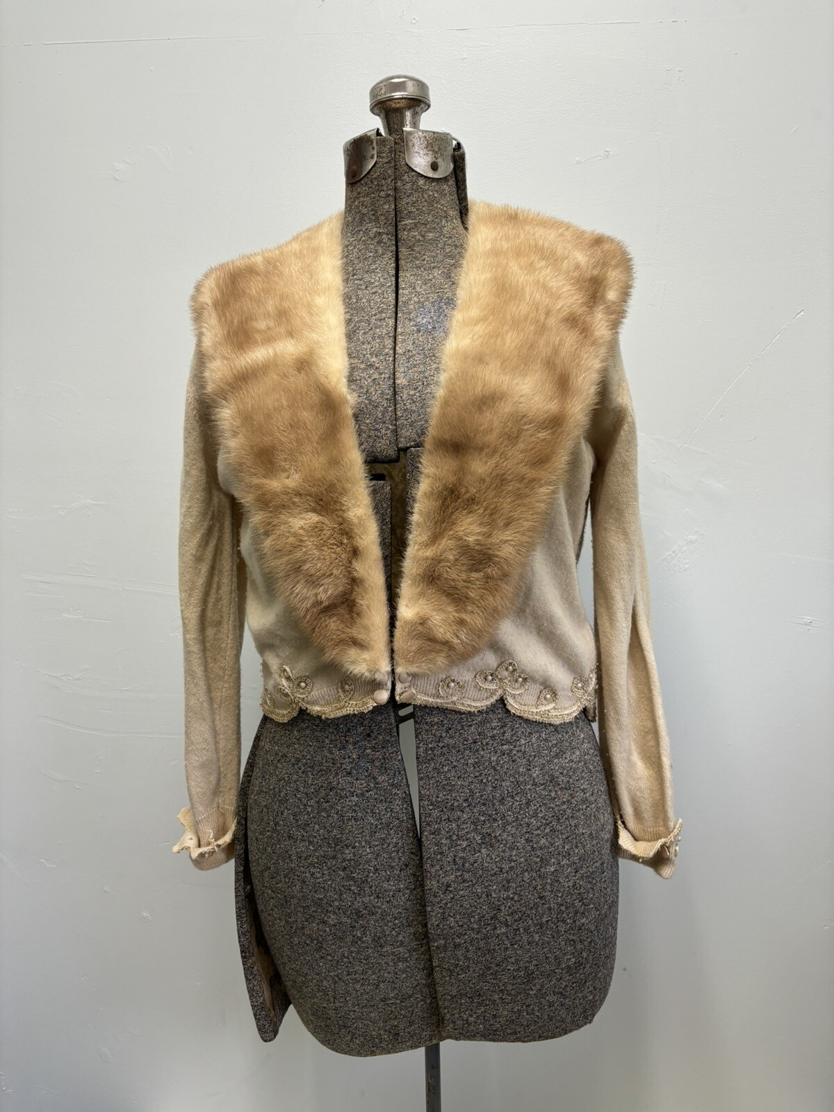 Vintage Cashmere Mink Trim Cream Sweater, S/M By ALTMANN OF VIENNA