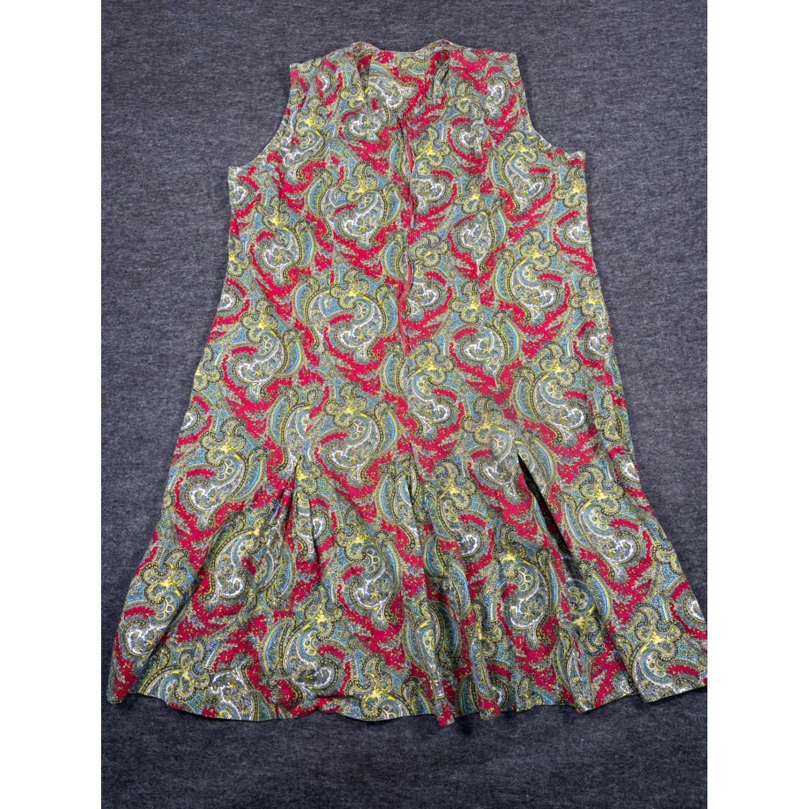 Vintage Psychedelic Paisley Sleeveless Mini Dress Red Blue Yellow Front Zip
