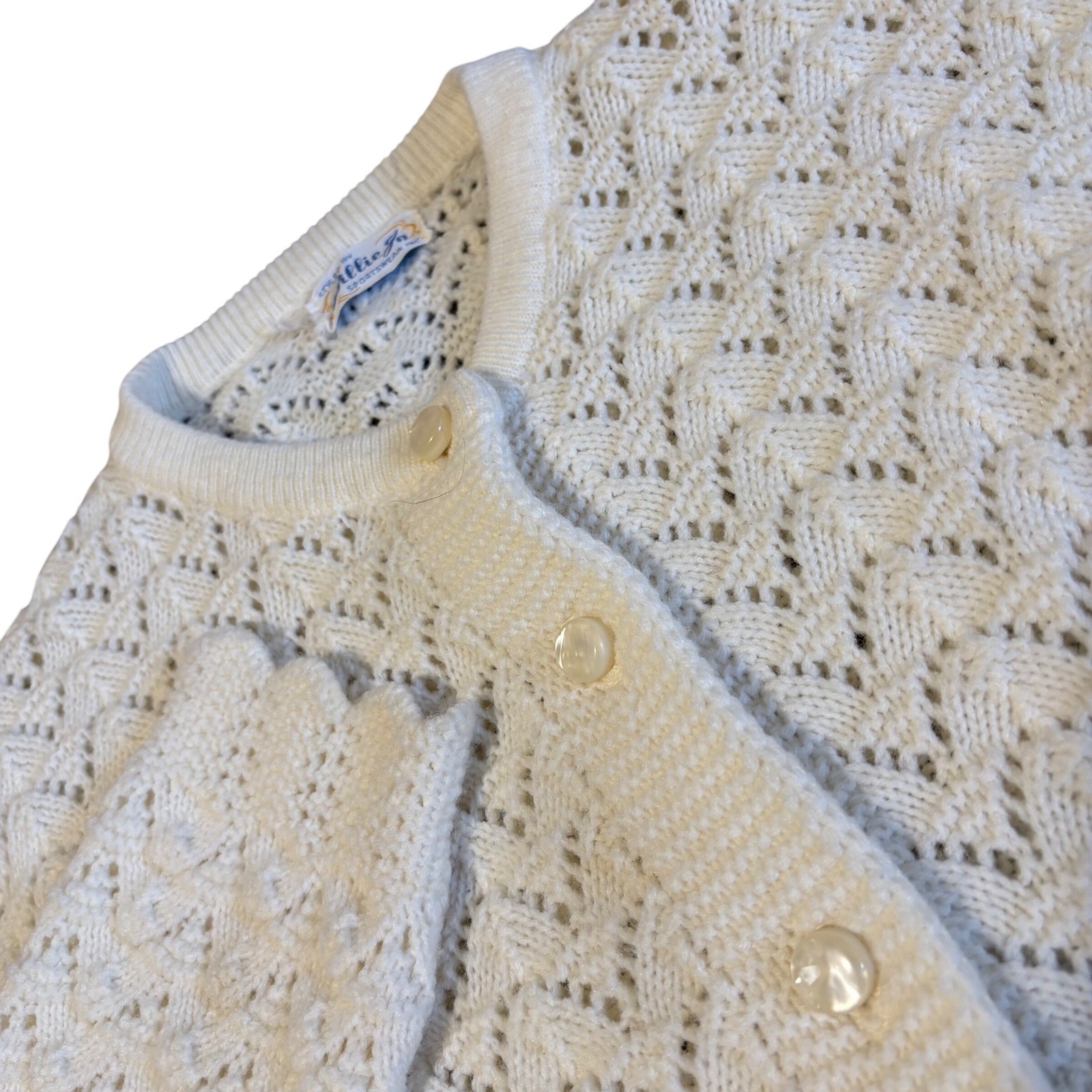 Vintage 60s Billie Jo Cardigan Sweater Women M Ivory Pointelle Knit Scallop USA