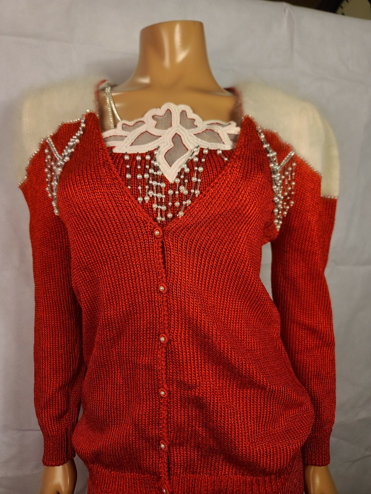 Vintage Elizabeth New York Skirt Top Sweater Set red and white Outfit