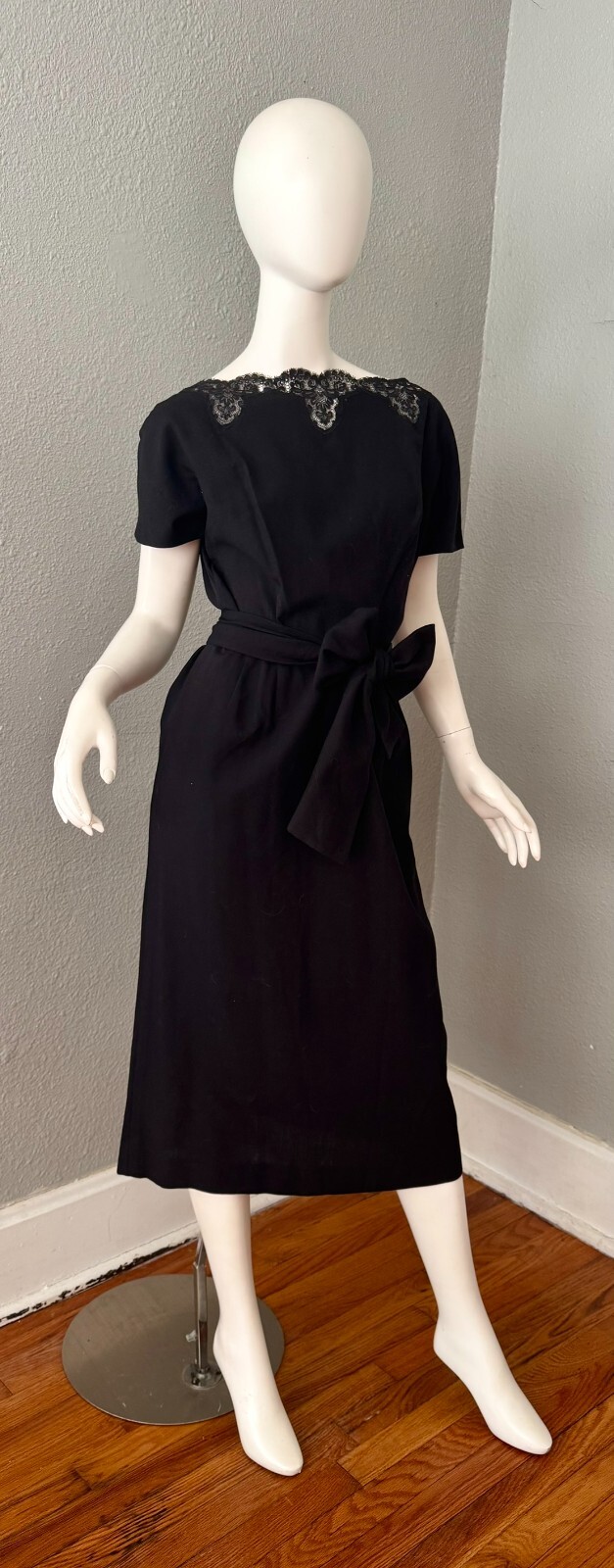 Vintage 60s Black Plunging Bow CHARLES COOPER Cocktail Party Dress M