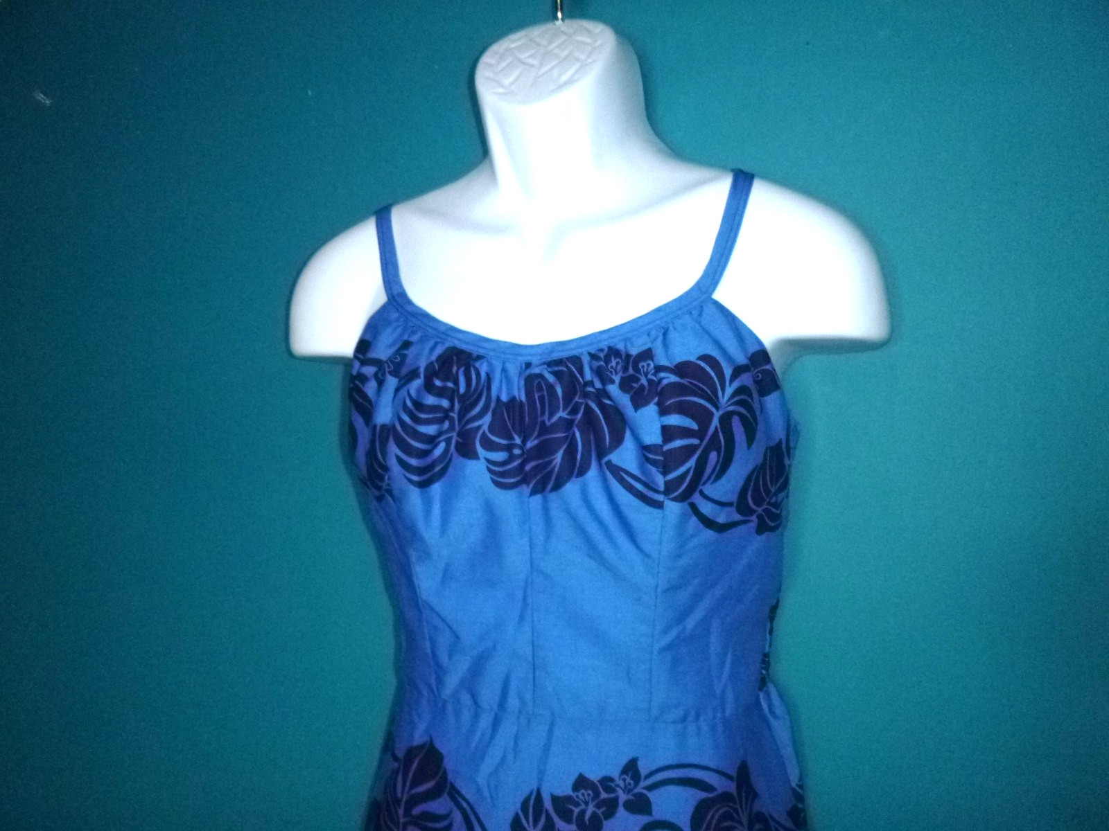 Vtg 70s Sand Pebble Hawaii Sundress 2 Tone Blue Tropical Foliage Sz S/M