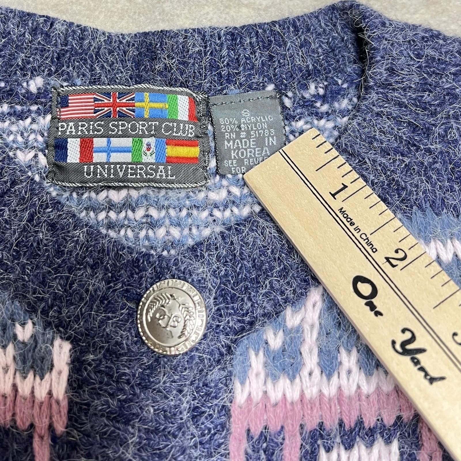Paris Sport Club Universal Vintage Blue Fair Isle Fuzzy Knit Cardigan Sweater S