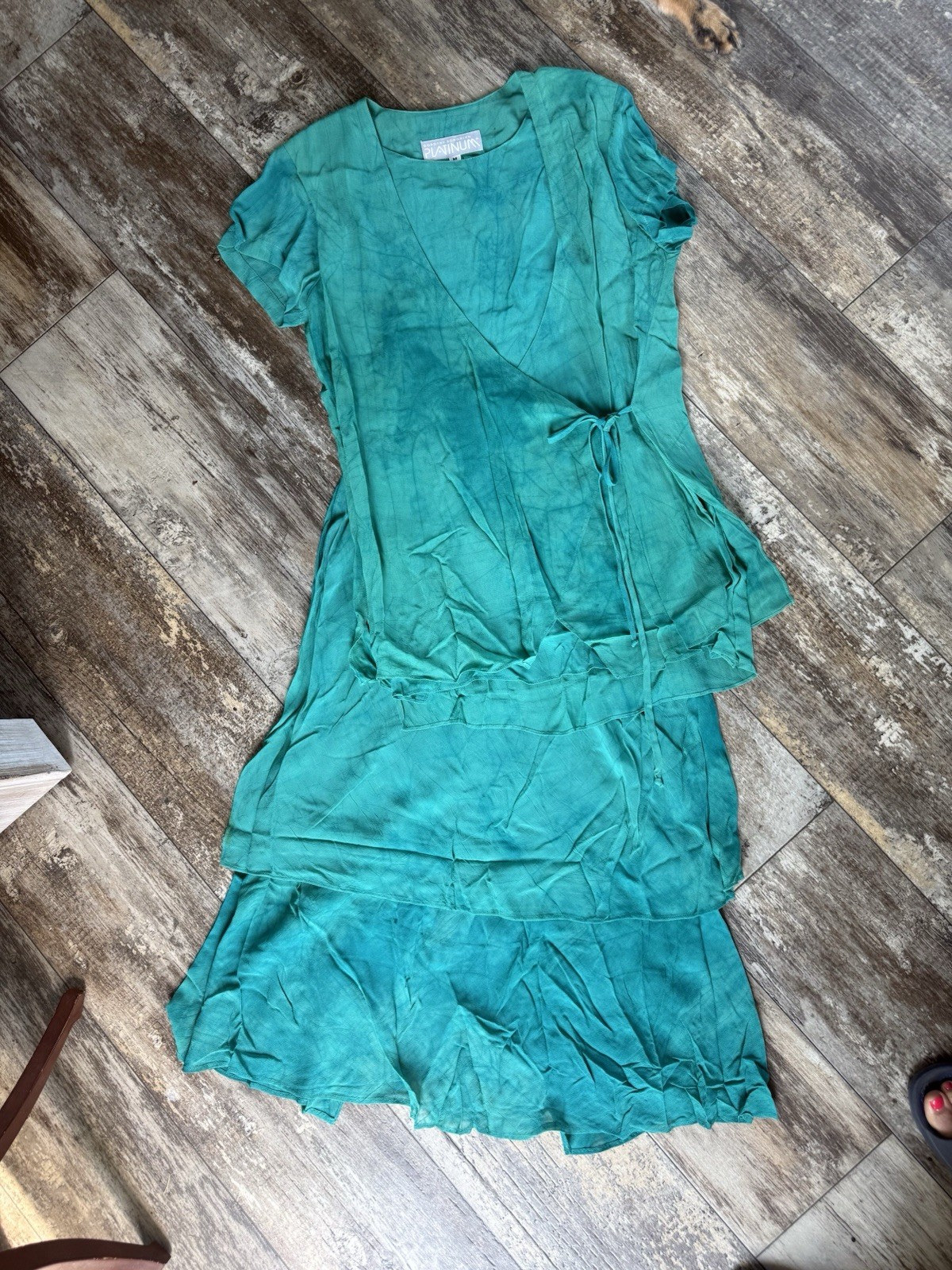 vintage 90s Platinum by Dorothy Schoelen teal two-piece set wrap top/ skirt