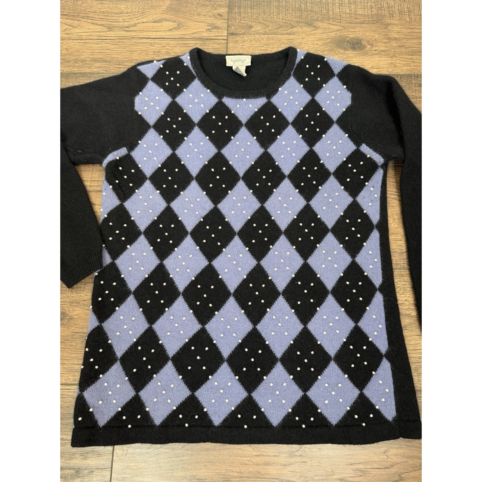 Vintage Lambswool Angora Rabbit Sweater Black Blue Plaid Beaded Women’s Sz Large
