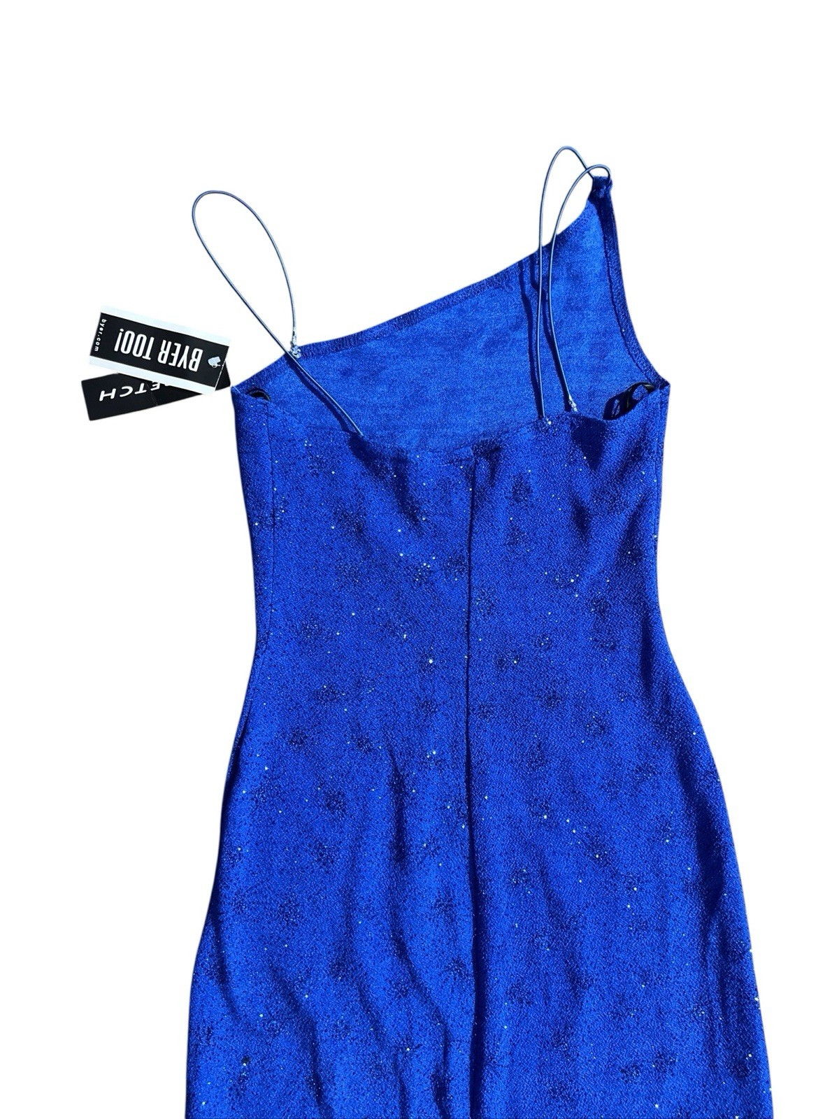 Vtg 1990s Royal Blue Sparkly Slinky Strapless Dress Sz S Byer Too! NWT Defects