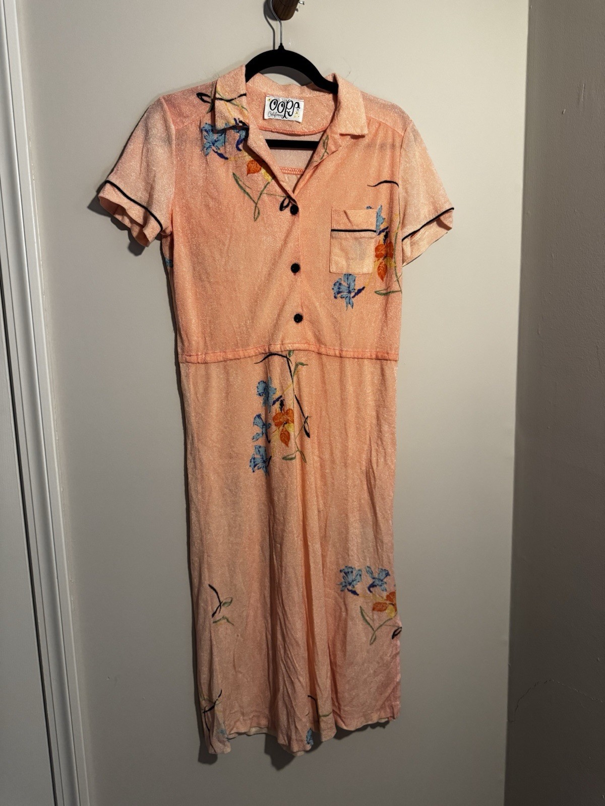 OOPS CALIFORNIA Vintage Terry Cloth Pink Short Sleeve Midi Dress Size 8