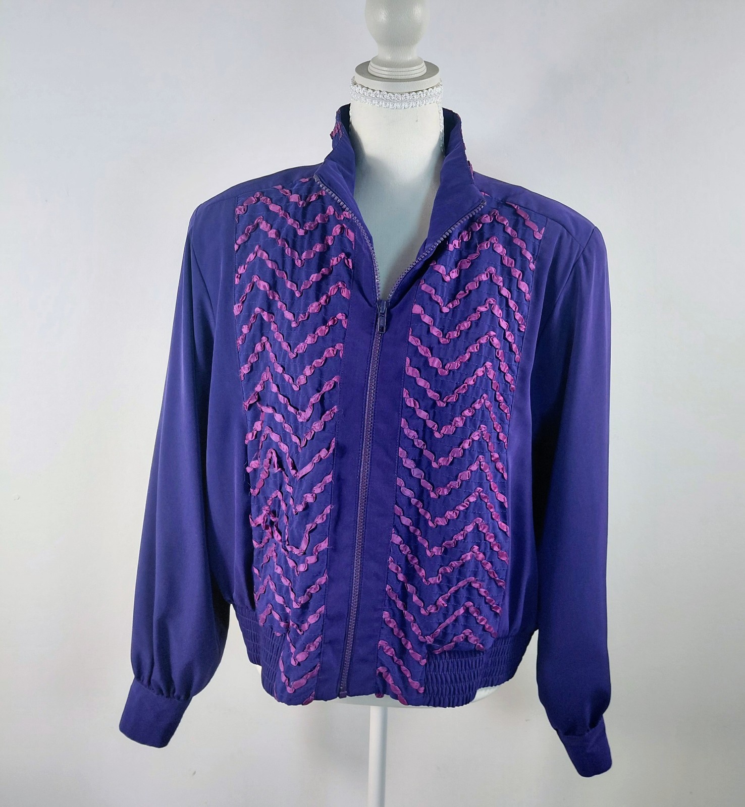 Vintage Howard Wolf Purple Pink Chevron Bomber Jacket Ruffle Ribbon Art Wear L