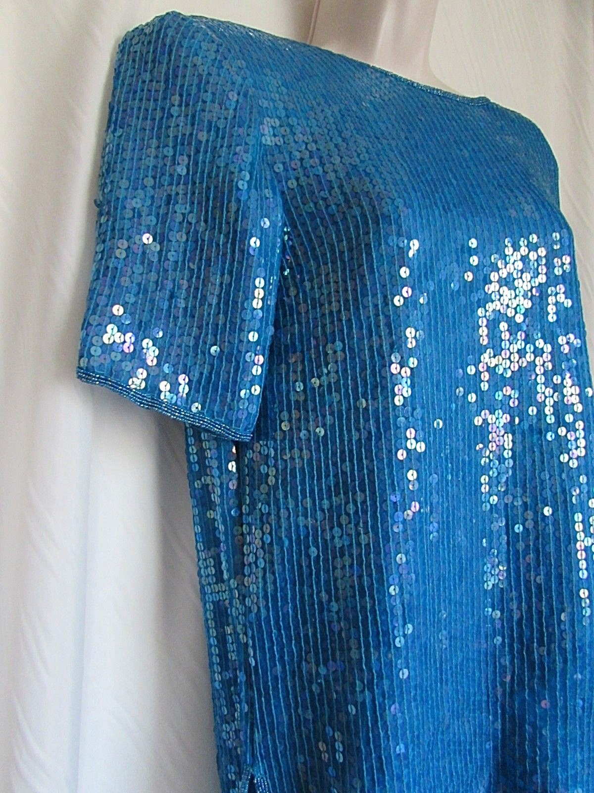 Vintage Jean for Joseph Le Bon Turquoise Sequin Short Sleeve Blouse Size M