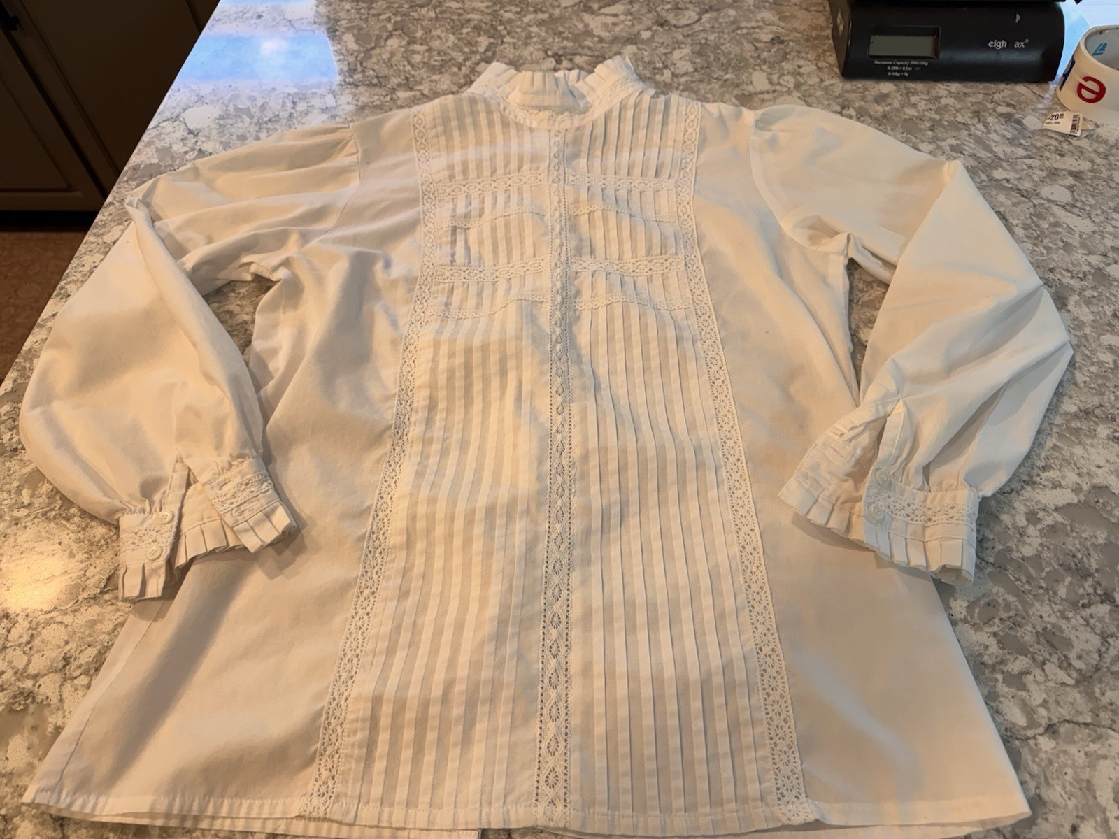Vintage Orvis Victorian Ruffle Pin-Tuck Lace Blouse S M High Collar, White