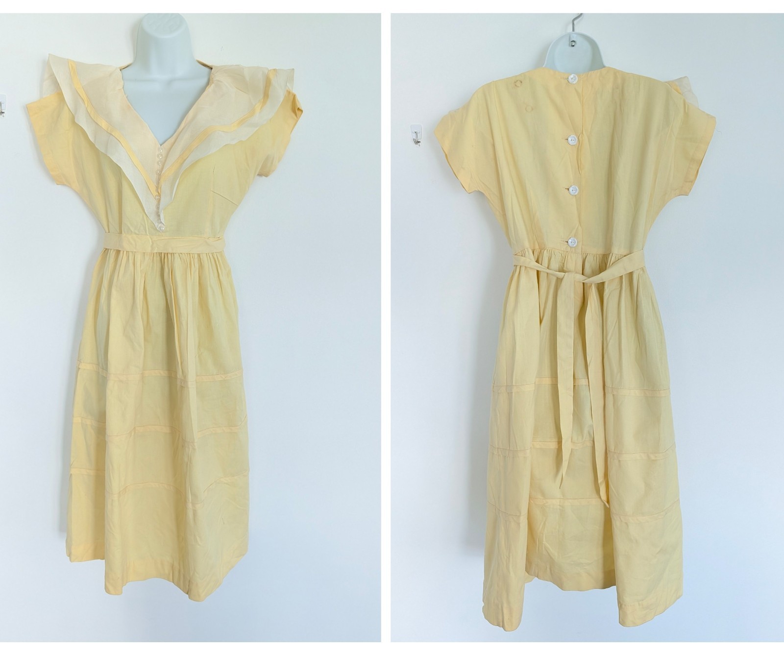 Vintage 50s Pastel Yellow Shirtwaist Alden’s Dress Sailor Collar Button Back M/L