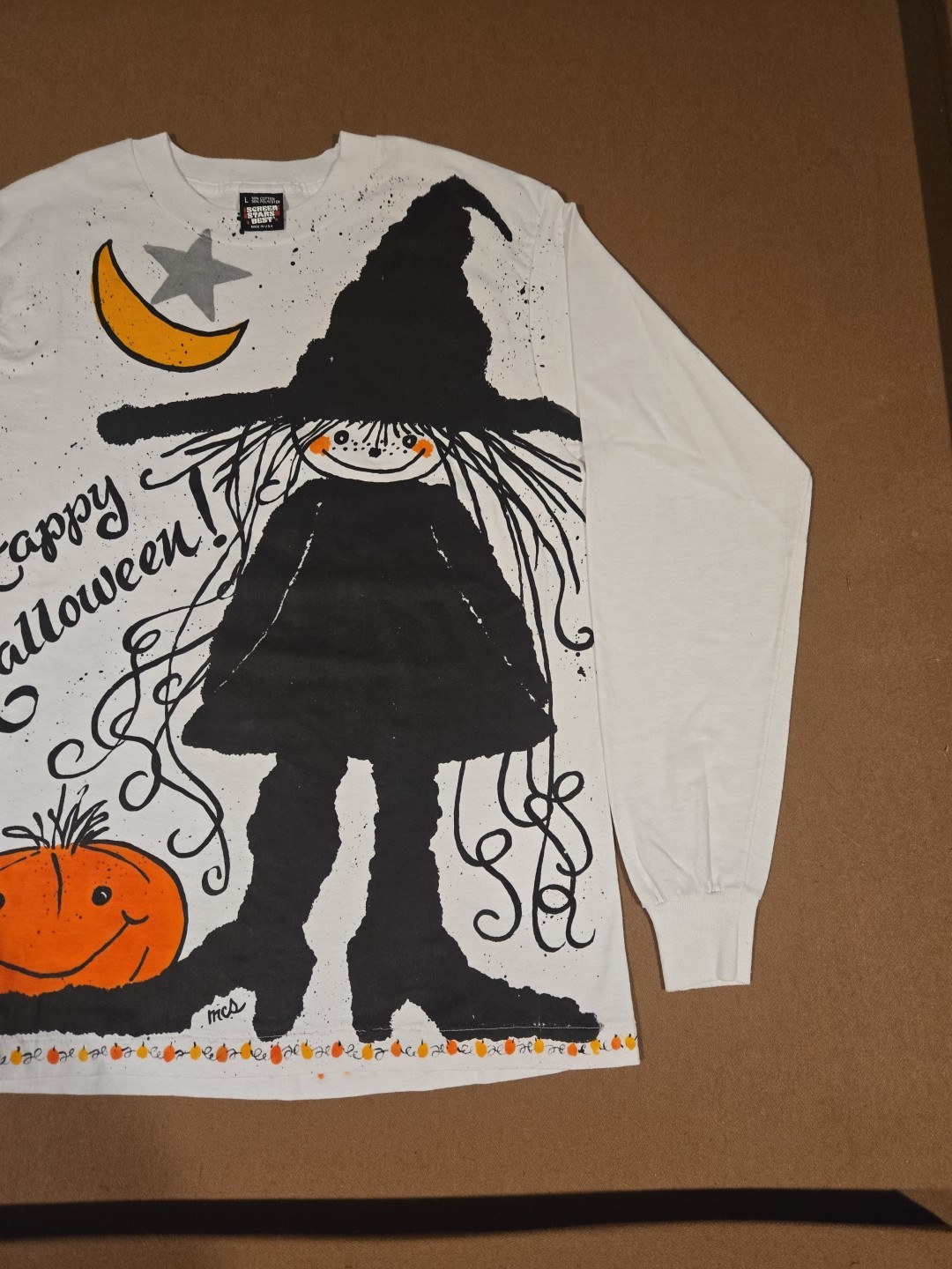 Vintage 90s Happy Halloween AOP Witch Trick Or Treat Pumpkin T-Shirt Size Large