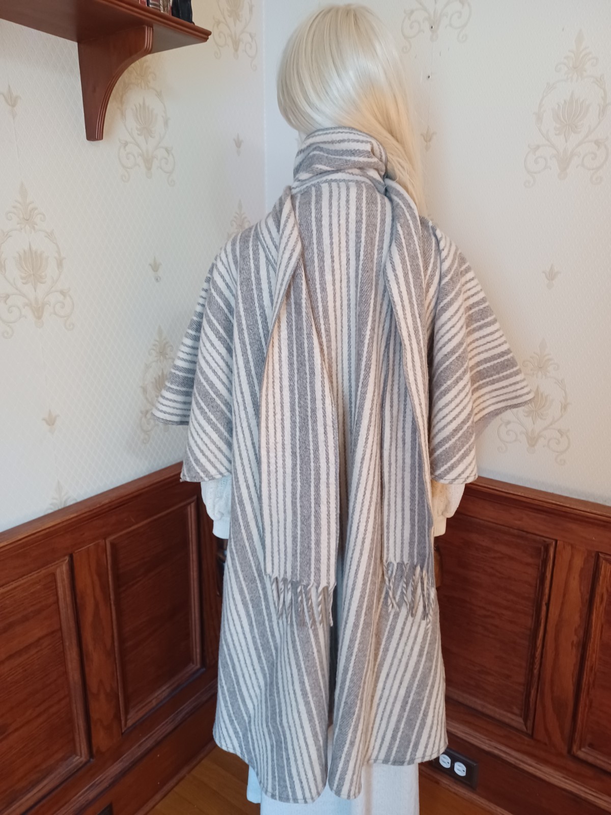 Vintage 1960s/1970s Grey Stripe Wool Boho Victorian Cottagecore Cloak Coat