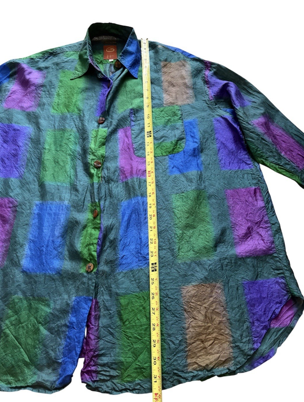 Vintage 90s Romeo Gigli 100% Silk Shirt Green Purple Button-Up Blouse Italy Sz S